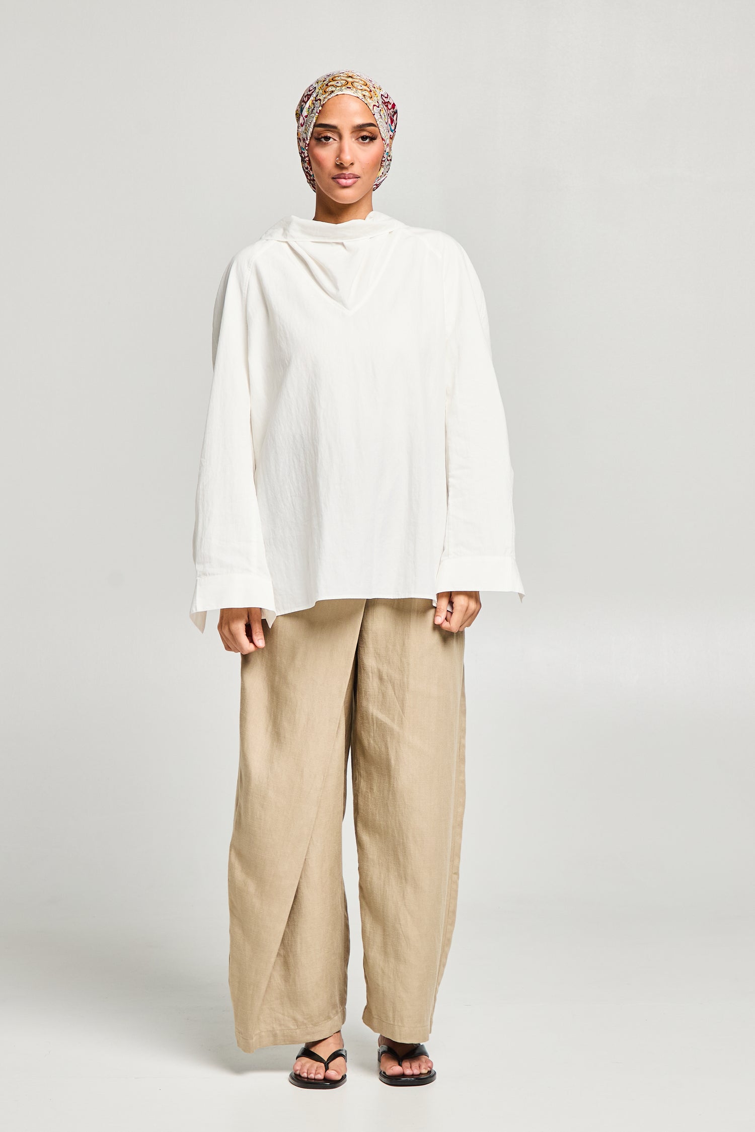 Pantalon large asymétrique en lyocell et lin