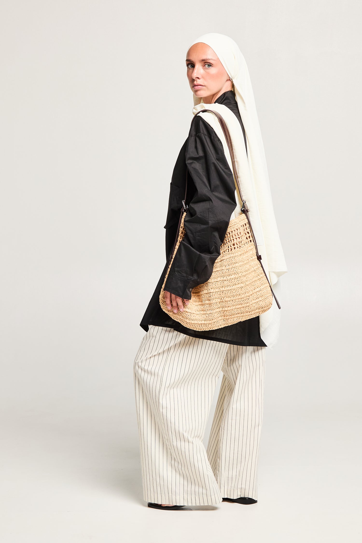 Pantalon large rayé en coton et lin