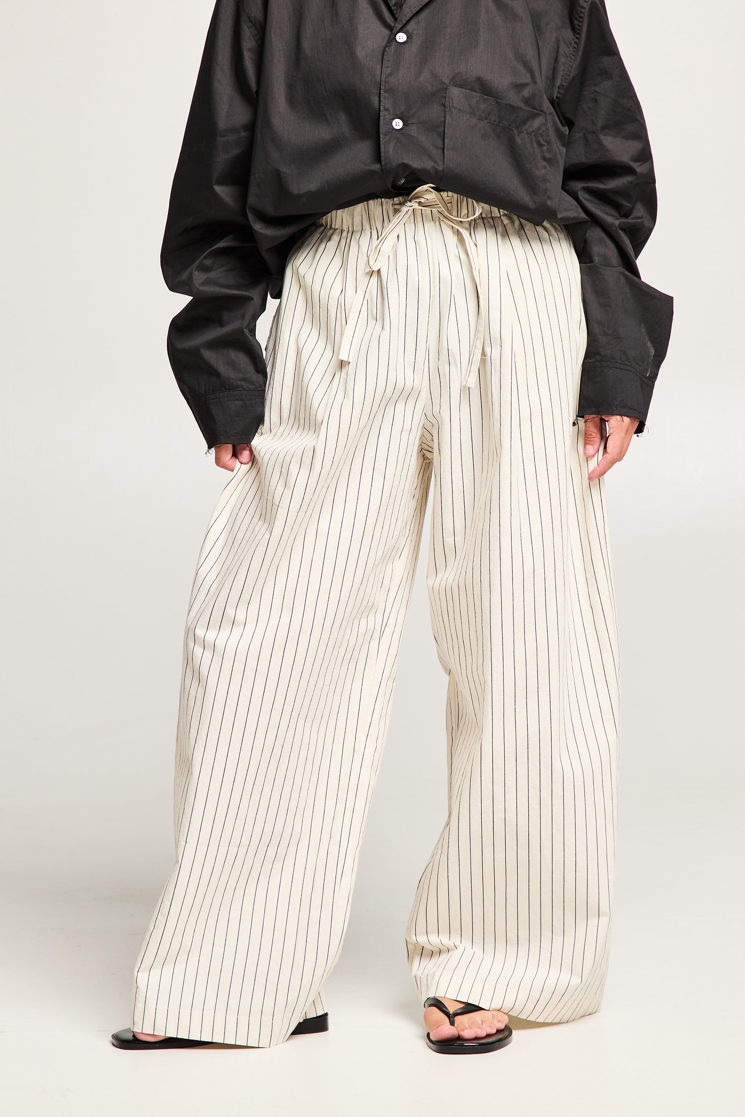 Pantalon large rayé en coton et lin